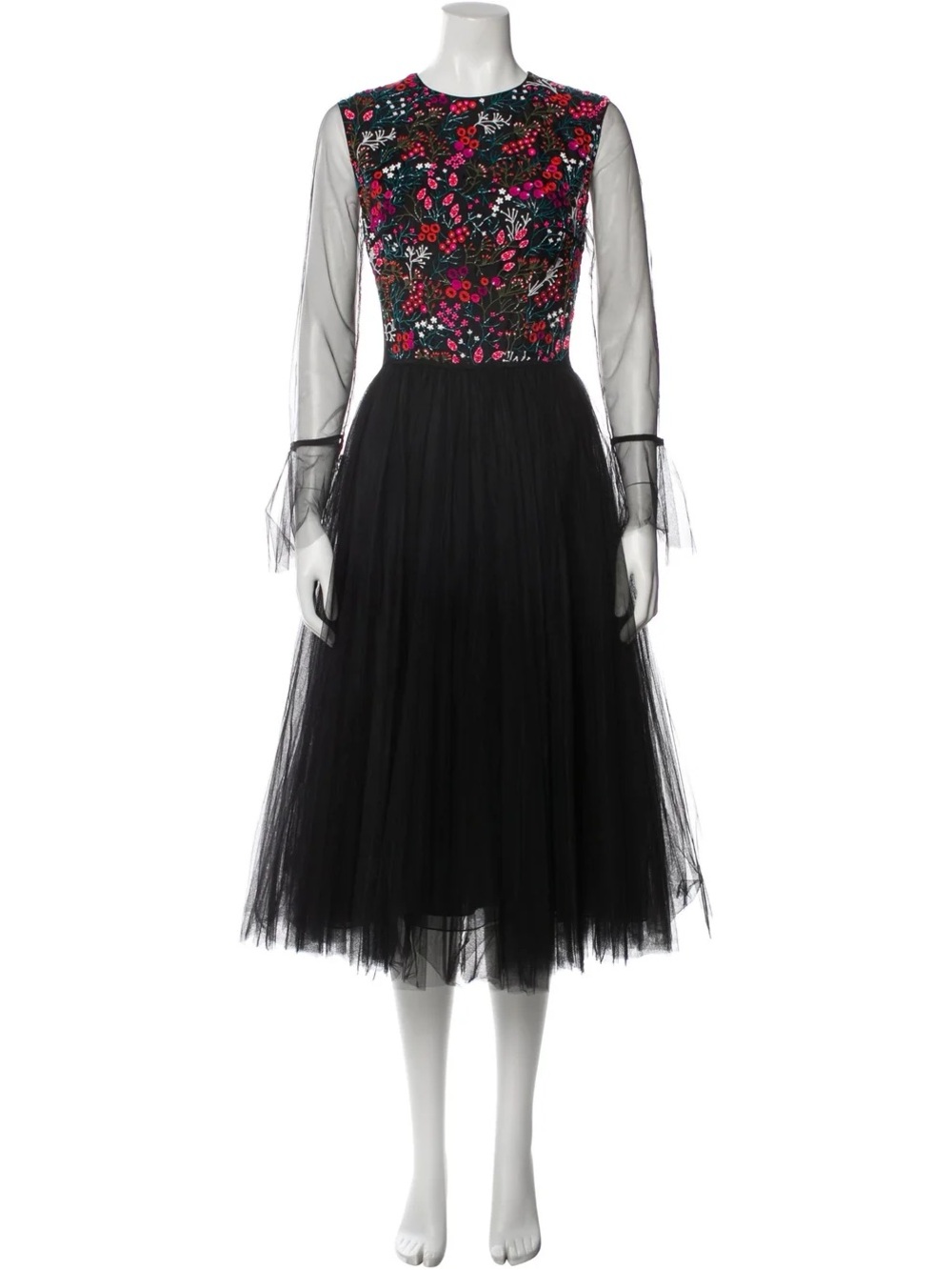 Carolina Herrera Black Tulle Formal Dress with Colorful Hand Embroidered Bodice - Picture 2 of 10